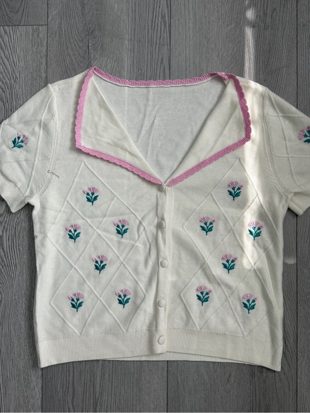 Cream Button-Up Knit Top with Pink Trim and Floral Embroidery